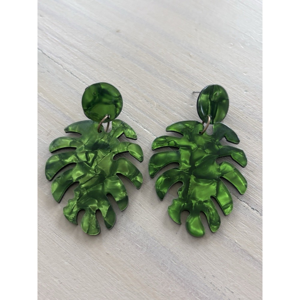 Monstera Leaf Post Earrings Women Green Marbled Resin Statement Dangle Drop EUC